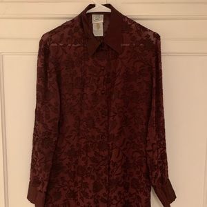 LAURA ASHLEY BURGUNDY SHEER BLOUSE with embroidery